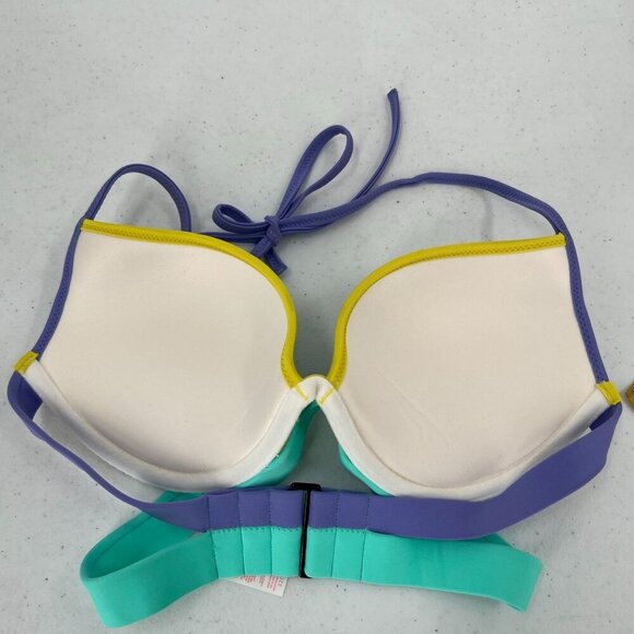 NWT VS Swim Hottie Set 32D M Push Up Bikini Black Stripe Neon Colorblock Itsy - Picture 2 of 14